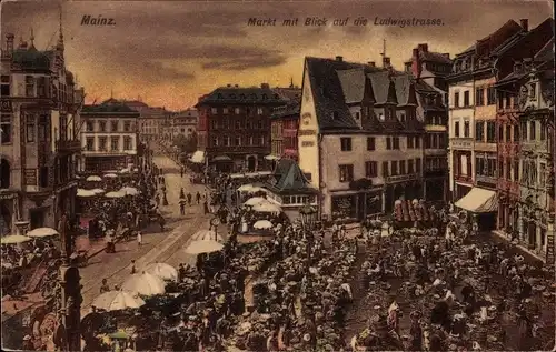 Ak Mainz in Rheinland Pfalz, Markt mit Blick auf die Ludwigstraße