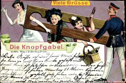 Litho Die Knopfgabel, Frauen, deutscher Soldat, Lockstedter Lager 1903