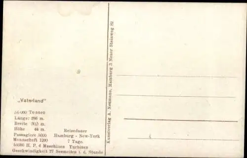 Ak Dampfer, Passagierschiff Vaterland, HAPAG