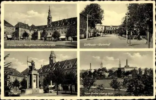 Ak Großenhain Sachsen, Hauptmarkt, Kirche, Cottbuser Bahnhof, Dianabrunnen, Panorama vom Bobersberg