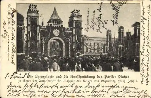 Ak Berlin Mitte, Staatsbesuch Kaiser Franz Joseph I., Ehrenpforte, Pariser Platz
