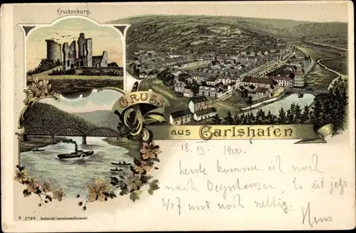 Litho Bad Karlshafen an der Oberweser Hessen, Kruckenburg, Flussdampfer, Panorama vom Ort