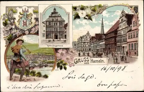 Litho Hameln an der Weser Niedersachsen, Osterstraße, Rattenfänger, Rattenfängerhaus