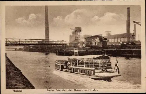 Ak Herne im Ruhrgebiet, Zeche Friedrich der Große und Hafen, Salondampfer