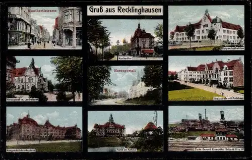 Ak Recklinghausen im Ruhrgebiet, Bergwerksdirektion, Zeche, Rathaus, Landratsamt, Krankenhaus