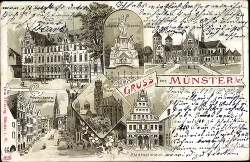 Litho Münster in Westfalen, Ludgerus Brunnen, Stadtweinhaus, Ludgeri Kirche, Lambertikirche