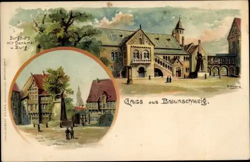 Künstler Litho Wirsing, Braunschweig in Niedersachsen, Burgplatz mit Denkmal und Burg