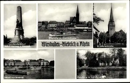 Ak Biebrich am Rhein, Moosburg im Schlosspark, ST. Marienkirche, Rheinufer, Landesdenkmal