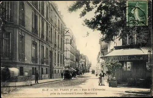 Ak Paris VII, Rue d'Université, prise du Blvd. Latour-Maubourg