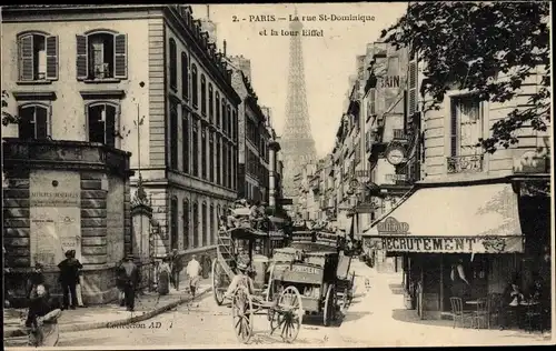 Ak Paris VII, Rue Saint Dominique, et la Tour Eiffel, Bus, Kutsche