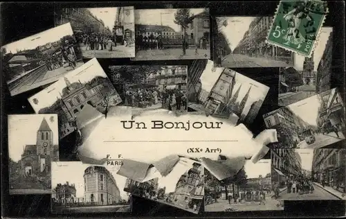 Ak Paris Ménilmontant, Minaturansichten, Gebäude, Bahnhof, Kirche, Straßenpartie