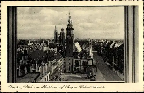 Ak Wrocław Breslau Schlesien, Ring und Ohlauer Straße vom Hochhaus gesehen