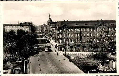 Ak Gliwice Gleiwitz Oberschlesien, Wilhelmstraße, Straßenbahn