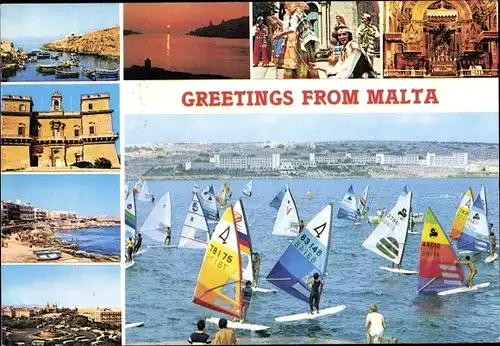 Ak Malta, Ortsansichten, Segelpartie, Kirche, Tracht, Panorama vom Ort