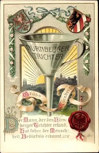 Präge Wappen Passepartout Litho Nürnberg, Nürnberger Trichter, Sonne