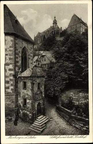 Ak Marburg an der Lahn, Schloss und lutherischer Kirchhof