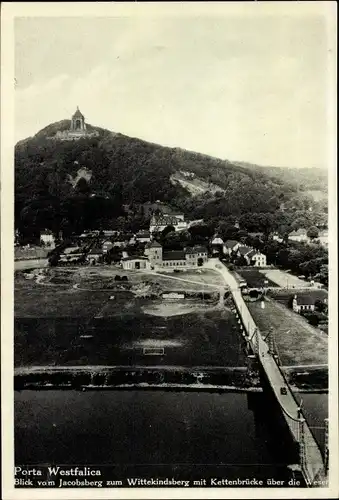 Ak Porta Westfalica in Nordrhein Westfalen, Blick vom Arminsberg zum Wittekindsberg mit Kettenbrücke