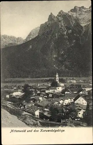 Ak Mittenwald in Oberbayern, Ortsansicht mit Karwendelgebirge