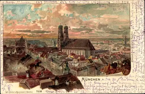 Litho München Bayern, Vogelschau, Frauenkirche