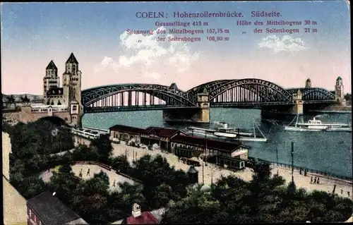 Ak Köln am Rhein, Hohenzollernbrücke, Südseite
