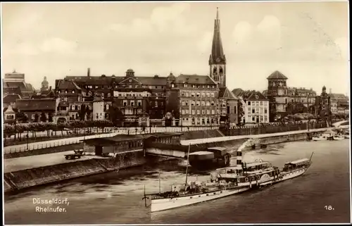 Ak Düsseldorf am Rhein, Rheinufer, Raddampfer