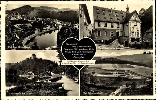 Ak Ziegenrück an der Saale Thüringen, Blick vom Schlossberg, Saalepartie, Rathaus, Schwimmbad