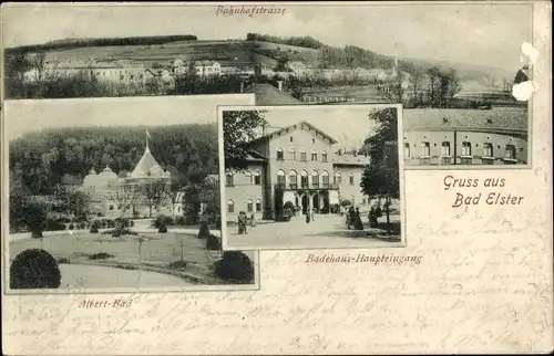 Ak Bad Elster im Vogtland, Bahnhofstraße, Albert Bad, Badehaus Haupteingang