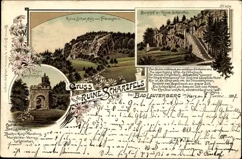 Litho Bad Lauterberg im Harz, Ruine Scharzfels vom Frauenstein, Burghof, Tor