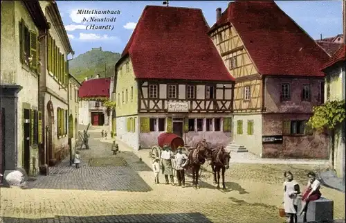 Ak Mittelhambach Neustadt an der Haardt, Ortspartie, Pferdefuhrwerk