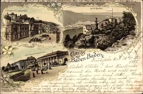 Litho Baden Baden am Schwarzwald, Altes Schloss, Friedrichs- und Augusta-Bad, Conversationshaus