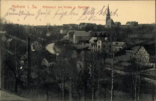 Ak Mohorn Wilsdruff Sachsen,Mitteldorf mit Kirche und Bahnhof
