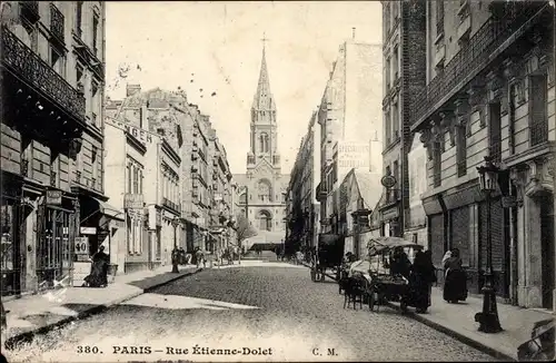 Ak Paris Ménilmontant, Rue Étienne Dolet, vue à l'Église