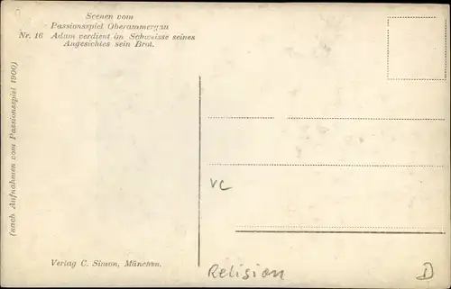 Ak Oberammergau, Passionsspiel 1900, Nr. 16, Adam verdient im Schweiße seines Angesichts sein Brot