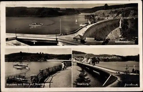 Ak Saalburg in Thüringen, Bleilochtalsperre, Stausee, Sperrmauer, Blick zum Ort