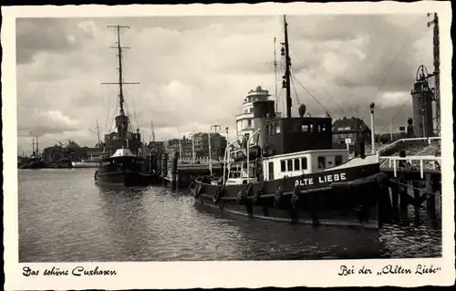 Ak Nordseebad Cuxhaven, Partie bei der Alten Liebe, Dampfer Alte Liebe, Leuchtturm