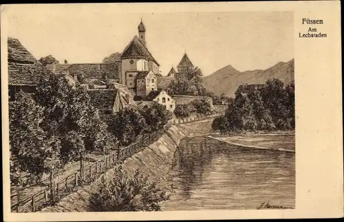 Künstler Ak Füssen im Ostallgäu, Partie am Lechstaden