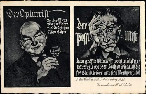 Ak Schwalenberg Nordrhein Westfalen, Optimist und Pessimist, Künstlerklause, Innenmalerei F. Eiche