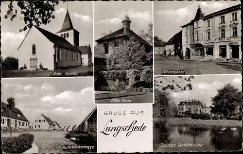 Ak Langschede Fröndenberg an der Ruhr, Schloss Dahlhausen, Kirche, Marktplatz, Gasthof