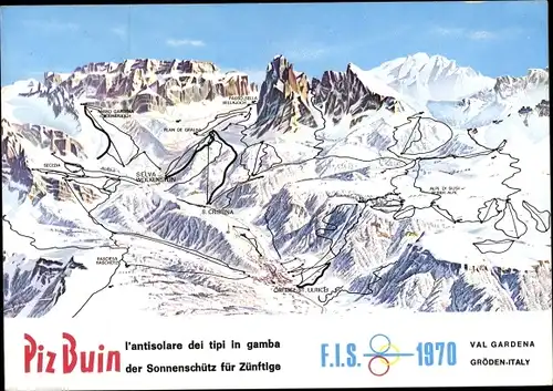 Ak Gröden Selva di Valgardena Südtirol, Alpine Skiweltmeisterschaften 1970, Piz Buin, Werbung
