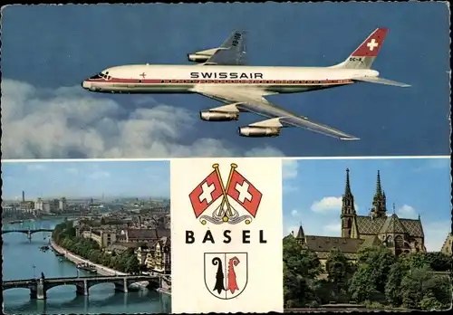 Wappen Ak Basel Schweiz, Blick auf ein Passagierflugzeug der Swissair