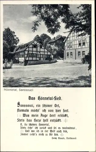 Ak Hönnetal Hemer im Sauerland, Sanssouci, Fachwerkgebäude, Hönnetal-Lied