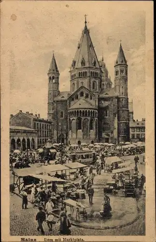 Ak Mainz am Rhein, Dom mit Marktplatz, Marktstände