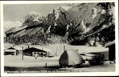 Ak Mittenwald in Oberbayern, Café Lautersee, Karwendel, Winterlandschaft