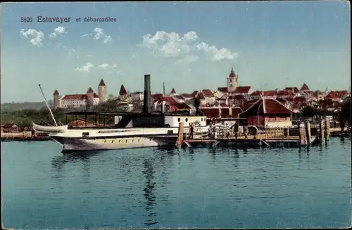 Ak Estavayer Kanton Freiburg, Ortsansicht, Debarcadere, Dampfer