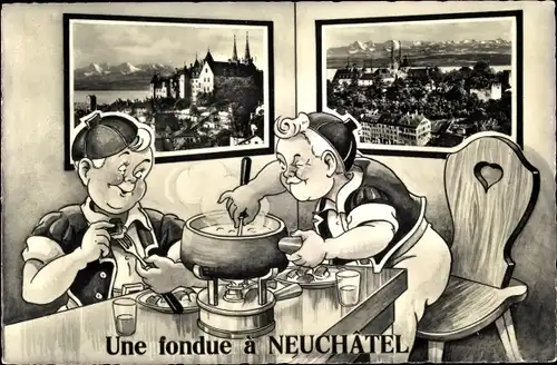 Ak Neuchâtel Neuenburg Stadt, Une fondue a Neuchatel, Jungen am Tisch, Kessel, Essen