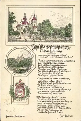 Gedicht Ak Rehburg Loccum in Niedersachsen, Restauration Matteschlösschen, Wappen, Fritz Thörner