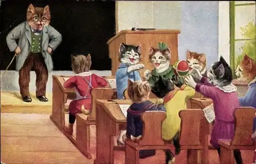 Künstler Ak Vermenschlichte Katzen in der Schule