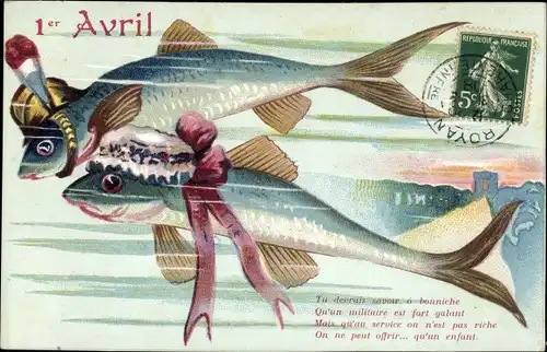 Ak 1 April, 1er Avril, Zwei vermenschlichte Fische