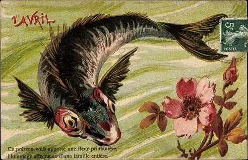 Präge Ak 1 April, 1er Avril, Fisch, Blume