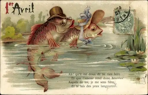 Ak 1 April, 1er Avril, Vermenschlichte Fische im Wasser, Seerosen